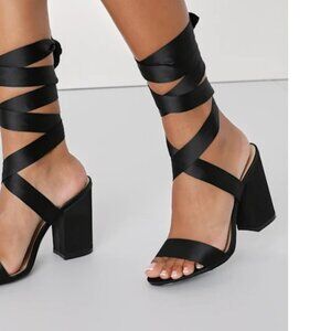 Lulus Alta Black Satin Lace-Up Heels
